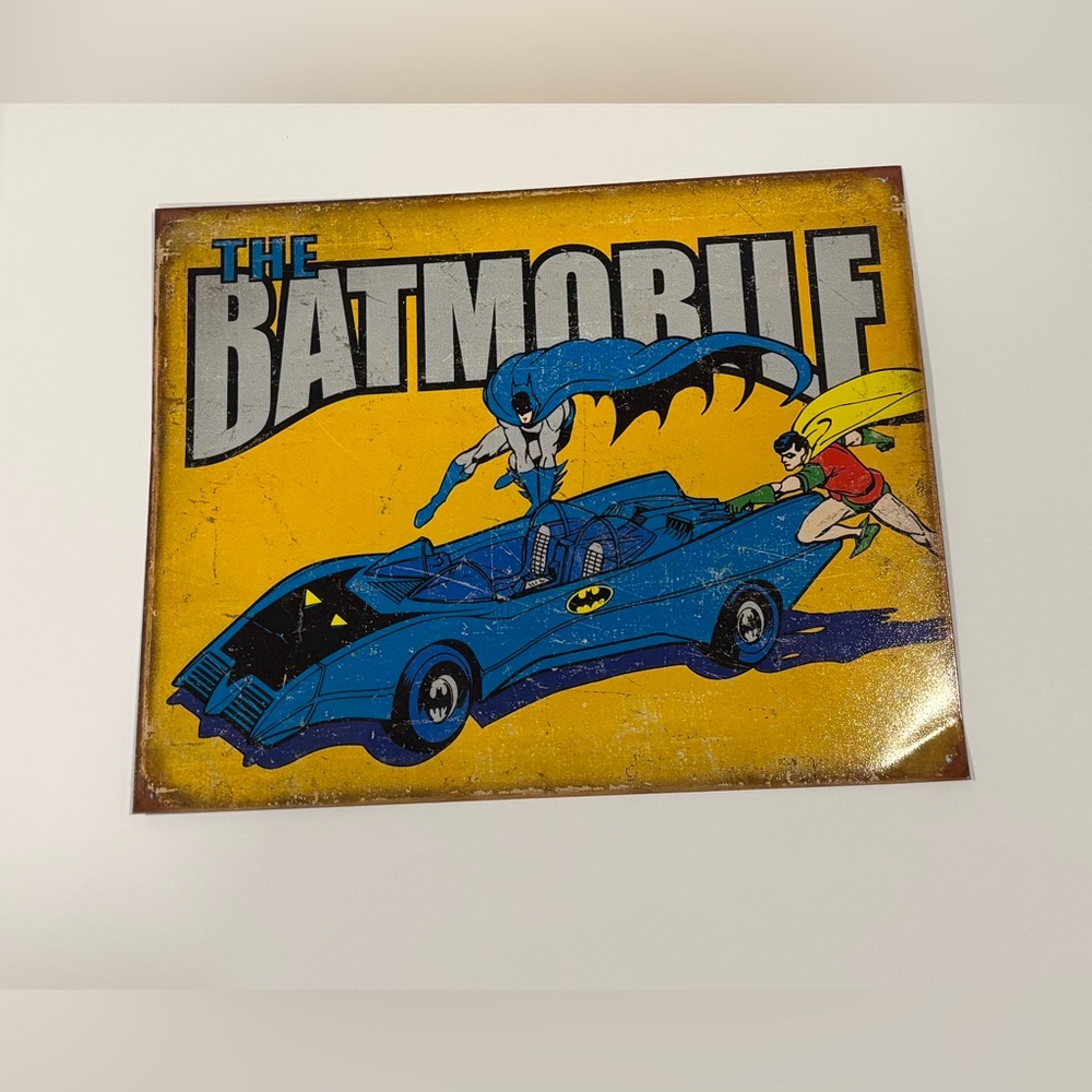 DC Comics-The Batmobile with Batman & Robin VintageLook Metal Sign 12.5"x16".